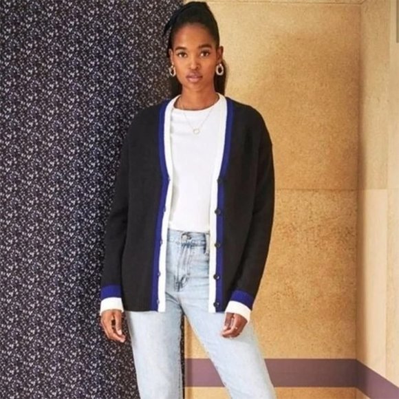 NWOT Court & Rowe Black Wool-Blend V-Neck Stripe Trim Cardigan Sweater - Picture 2 of 9